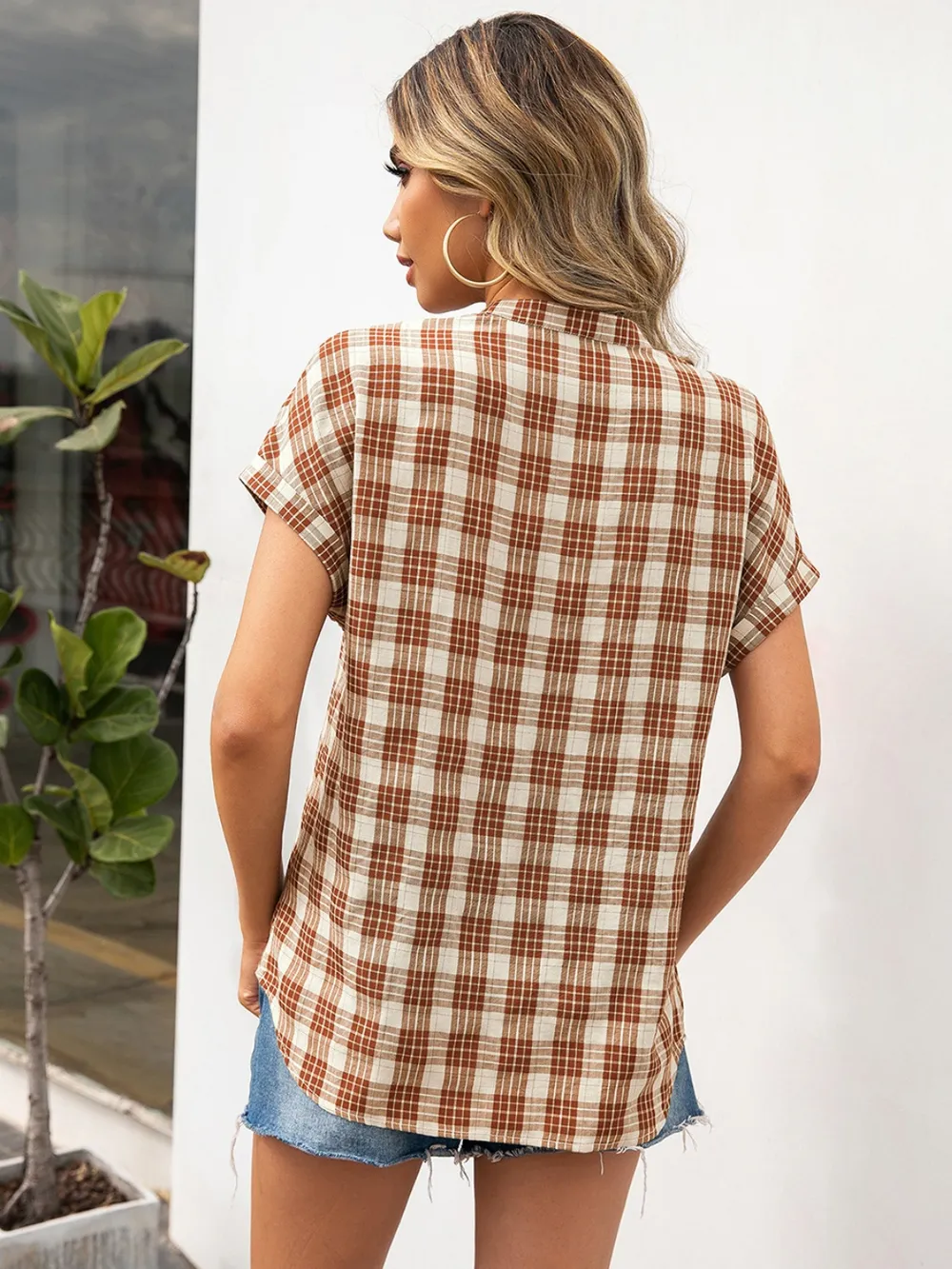 Plaid Notched Short Sleeve Blouse, image 4
