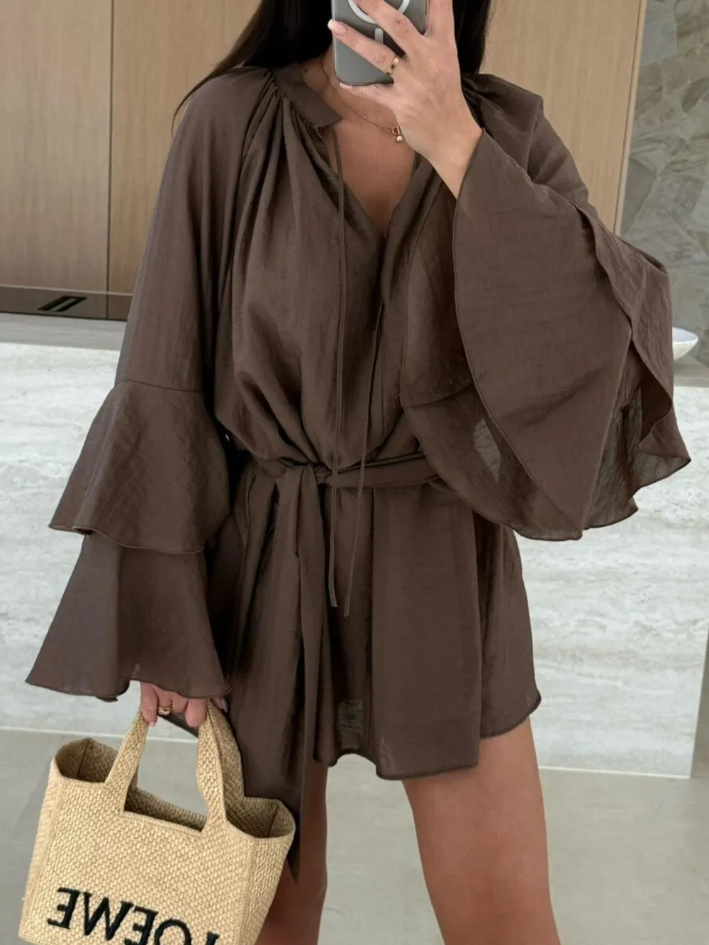 Bell Sleeve Tie Waist Mini Shirt Dress, image 20