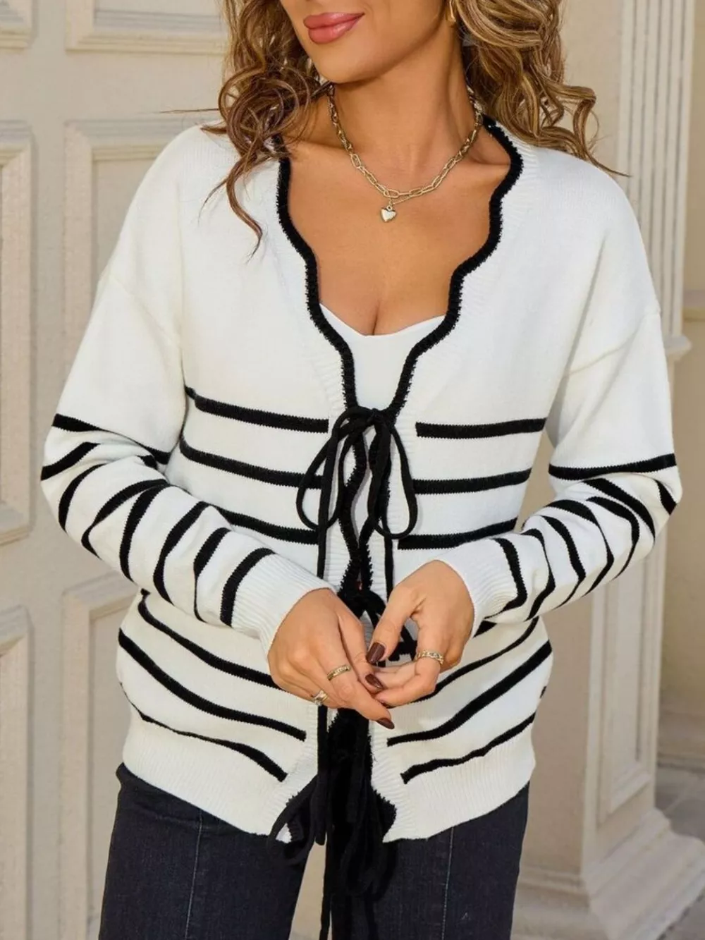 Striped Tie Front Knit Cardigan, image 4