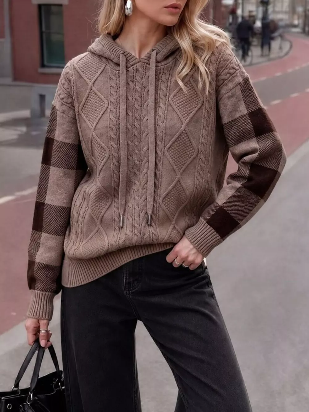 Cable-Knit Plaid Sleeves Hooded Sweater, image 5