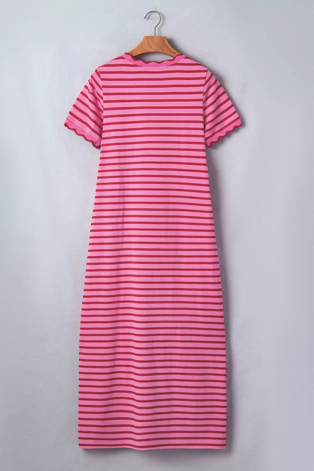 Stripe Striped Short Sleeve Scalloped Trim Side Slit Maxi Tee Dress, image 7