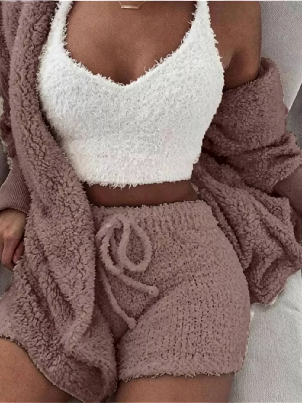 Full Size 3-Piece Fuzzy Plush Cardigan and Shorts Lounge Set with Crop Top Plus Size, image 16