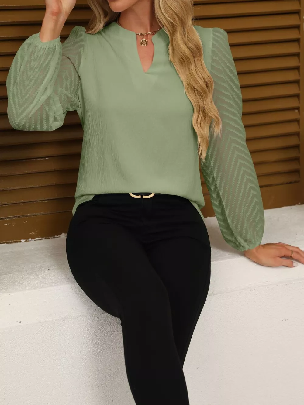 Notched Balloon Sleeve Blouse, image 18