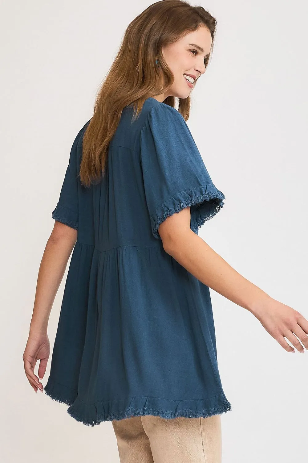 Full Size Raw Hem Notched Babydoll Linen Blouse Plus Size, image 4