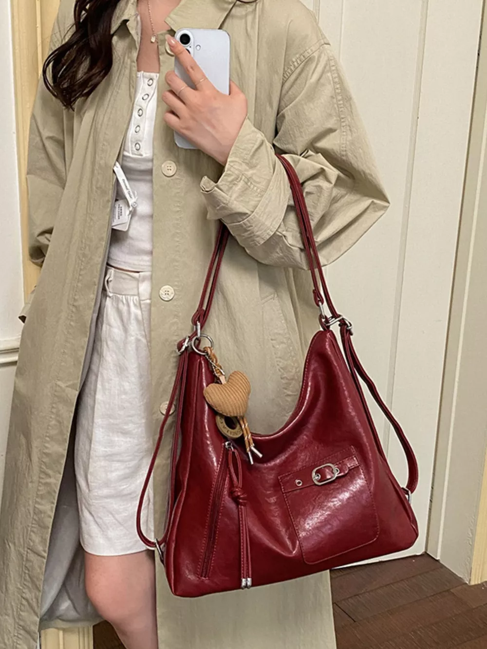PU Leather Crossbody Bag with Heart Charm, image 5