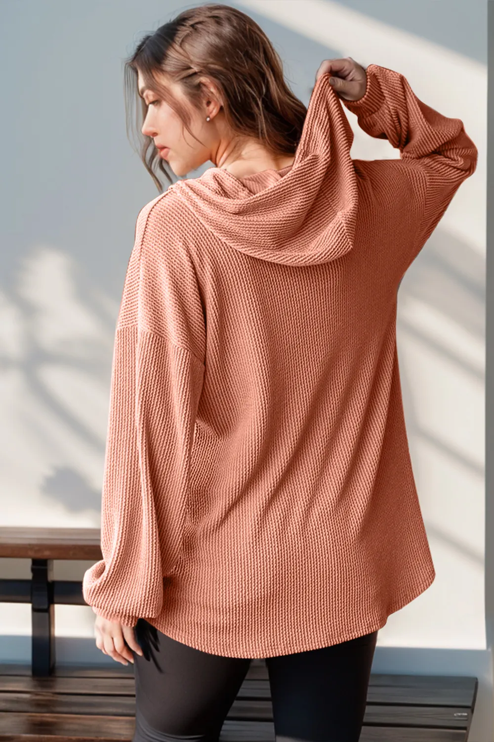 Full Size Half Button Long Sleeve Hoodie, image 8
