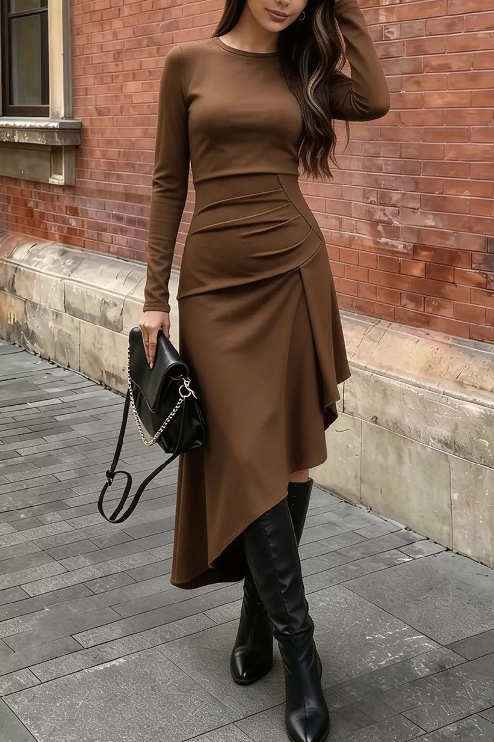 Ruched Asymmetrical Hem Long Sleeve Dress, image 3