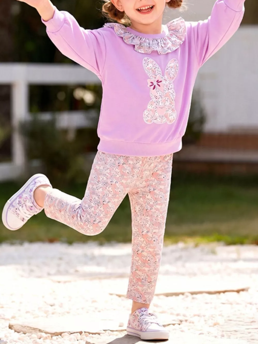 Children's Floral Print Bunny Sweatshirt and Pants Set, image 2
