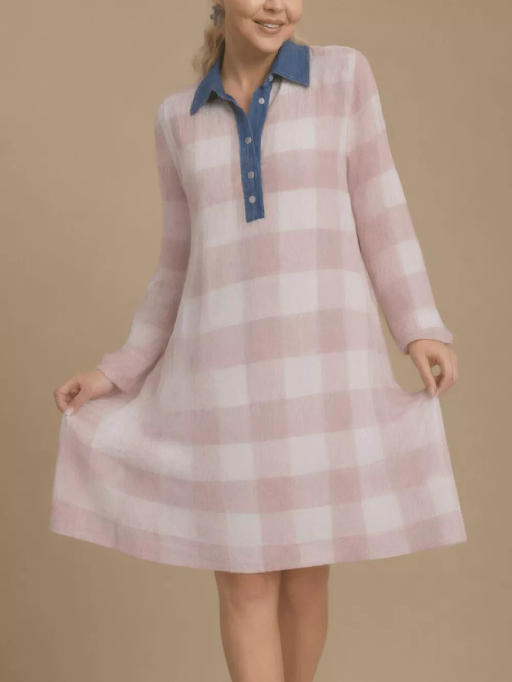 Plus Size Denim Collar Plaid Shirt Dress