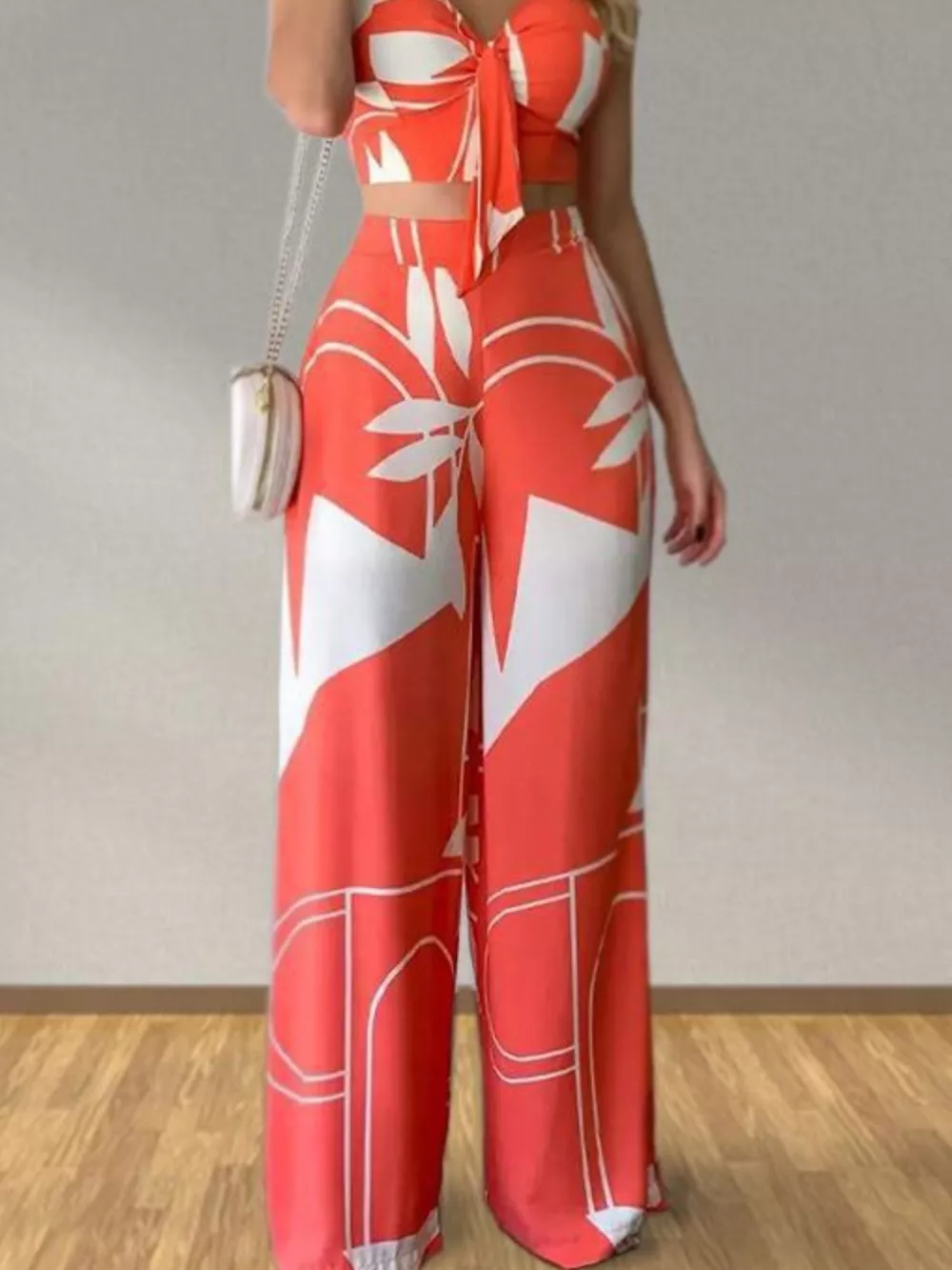 Tropical Print Spaghetti Strap Crop Top and Wide Leg Pants Set, image 9