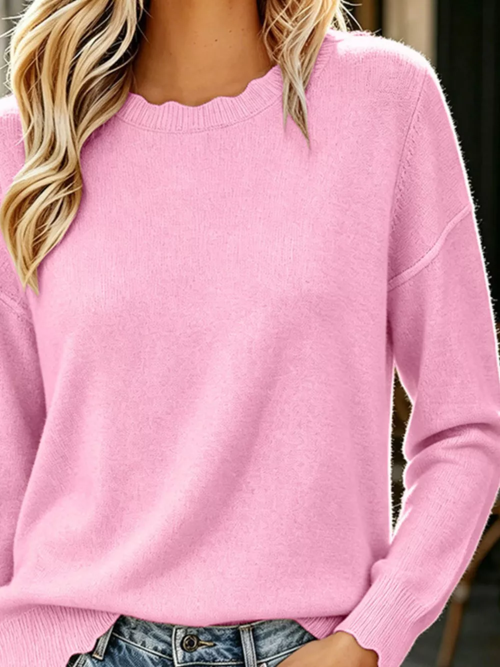 Full Size Scalloped Trim Crew Neck Sweater Plus Size, image 4