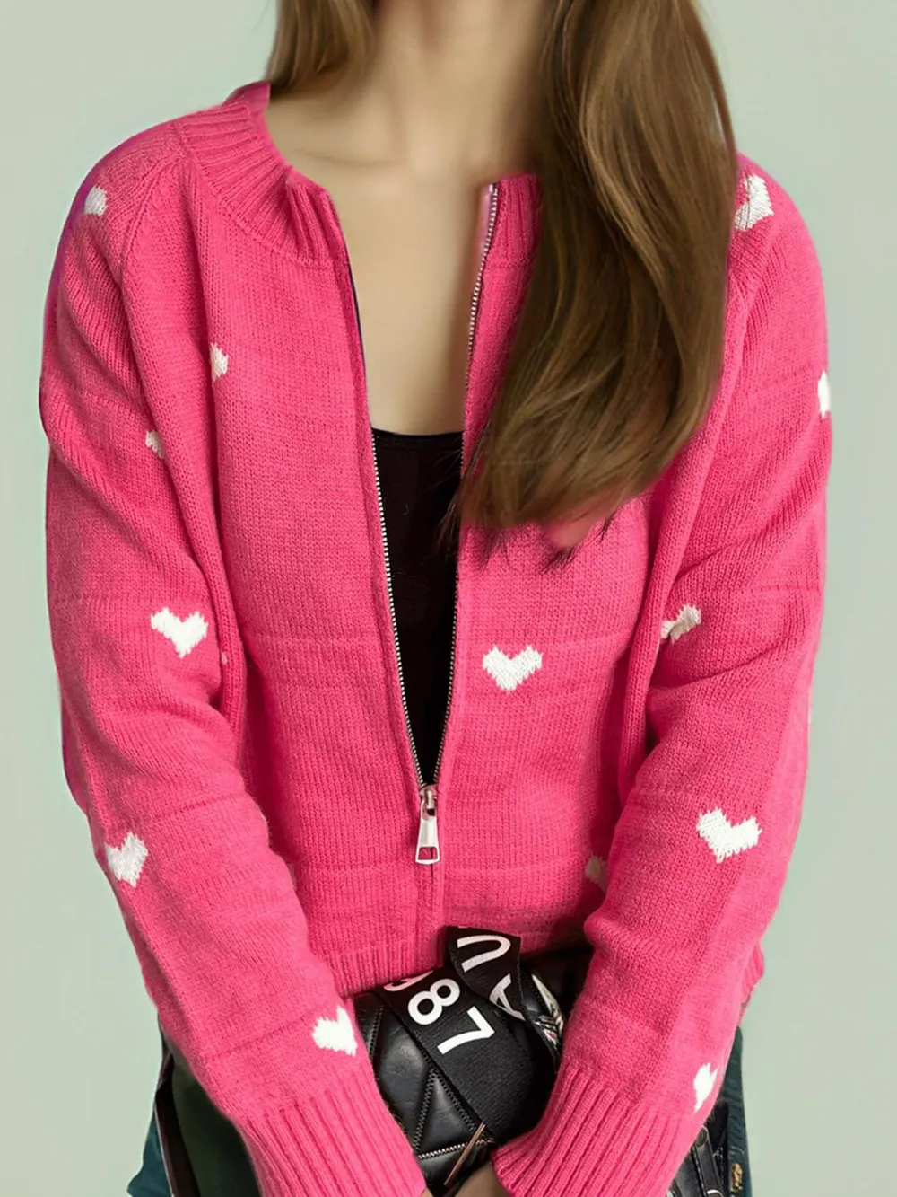 Heart Round Neck Zip Up Cardigan, image 21