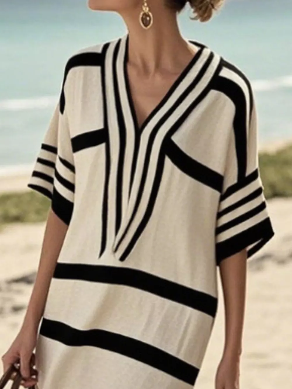 Full Size Striped Half Sleeve Midi Dress Plus Size, image 14