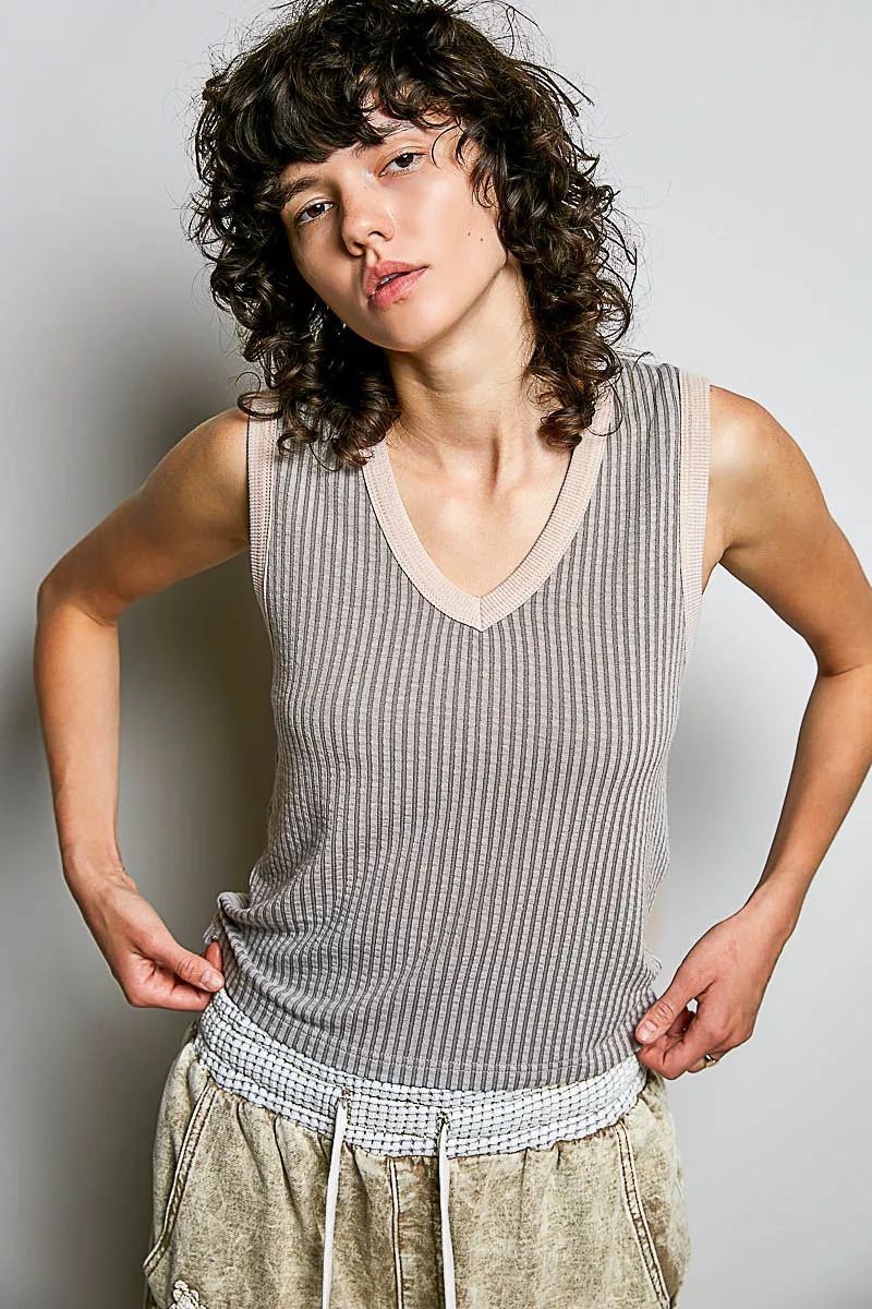 V-Neck Contrast Ribbed Sleeveless Tank