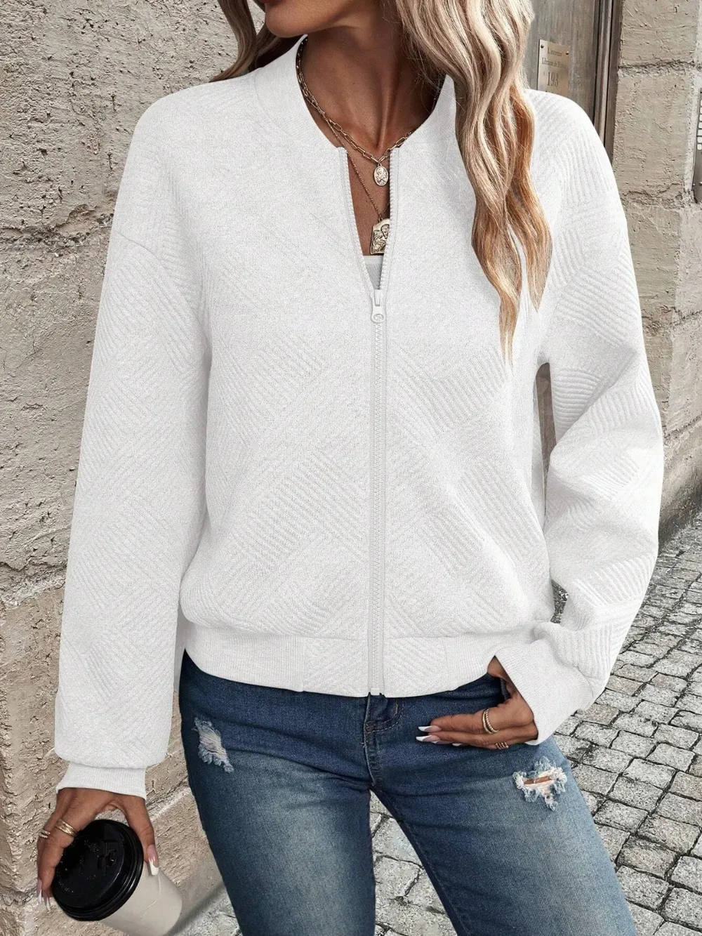 Textured Zip Up Long Sleeve Jacket, image 8