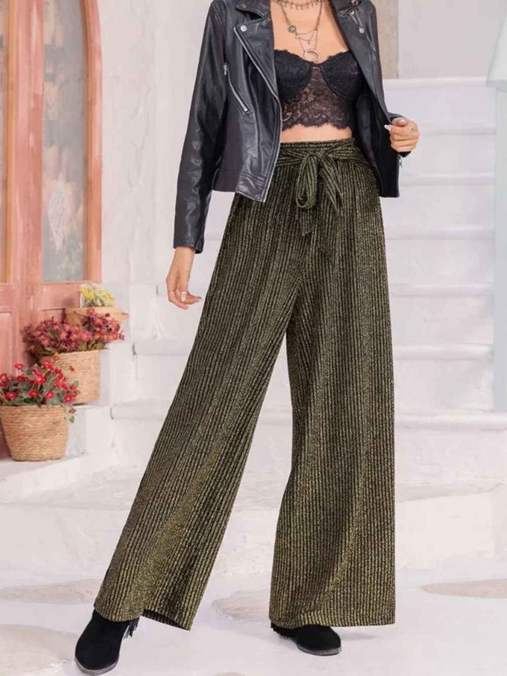 Striped High Waist Tie Wide Leg Pants, image 5