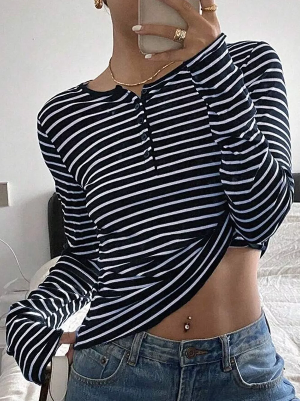 Long Sleeve Striped Henley T-Shirt, image 8