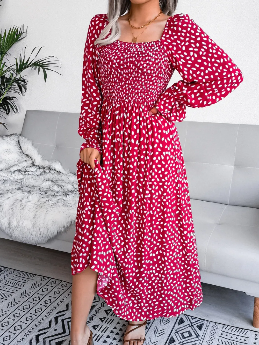 Smocked Square Neck Flounce Sleeve Dress, image 9