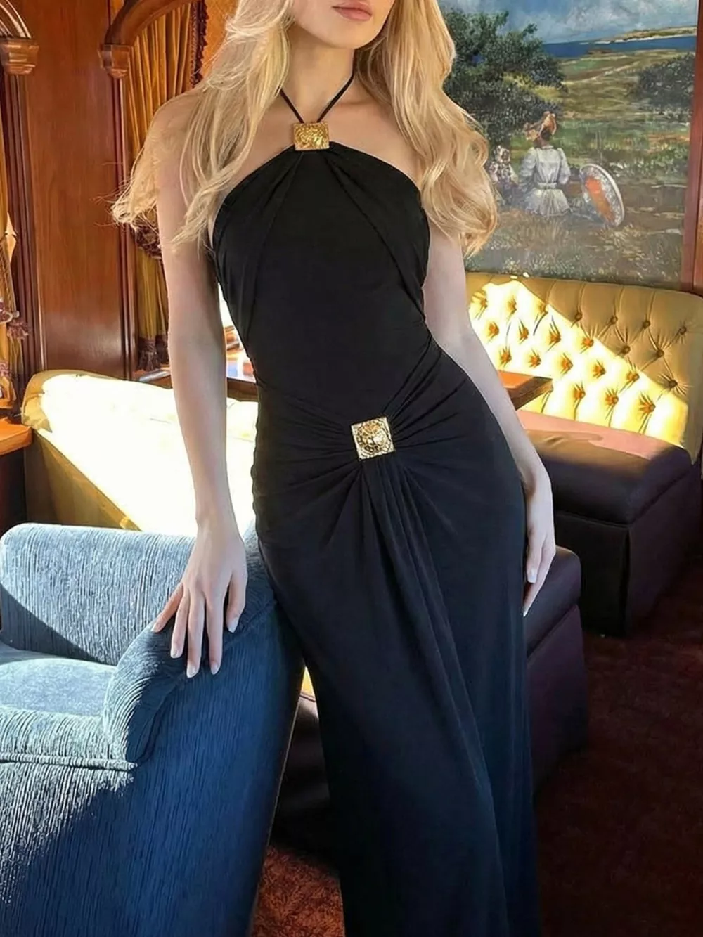 Backless Ruched Halter Neck Maxi Dress, image 17
