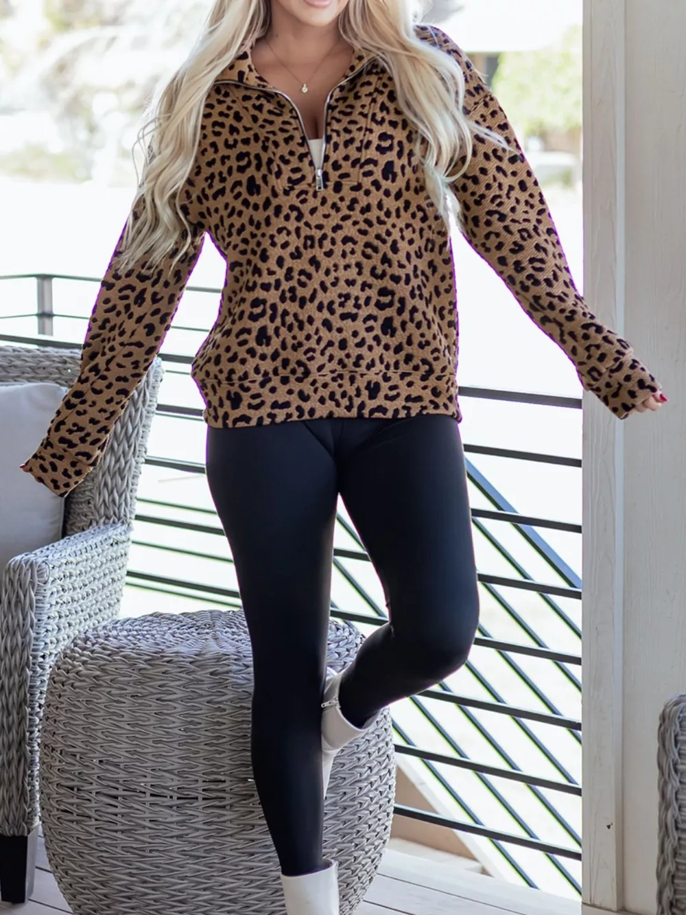 Leopard Print Quarter Zip Sweatshirt, image 8