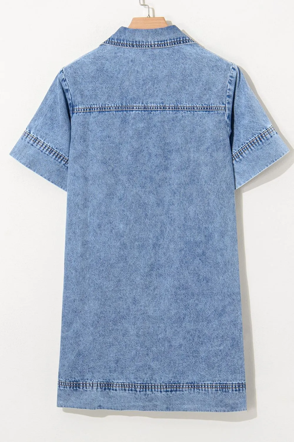 Short Sleeve Collared Patched Pocket Denim Mini Dress, image 16