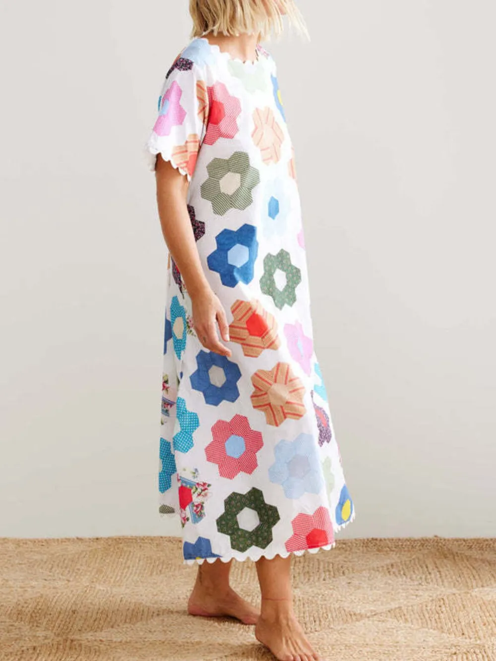 Floral Print Midi Dress with Scalloped Edges, image 6