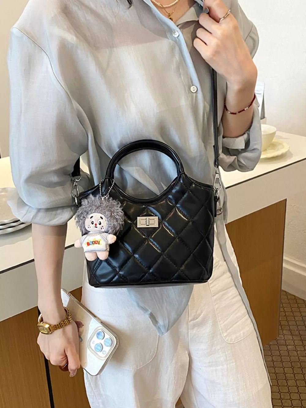 Quilted Crossbody Bag with Plush Charm, image 4
