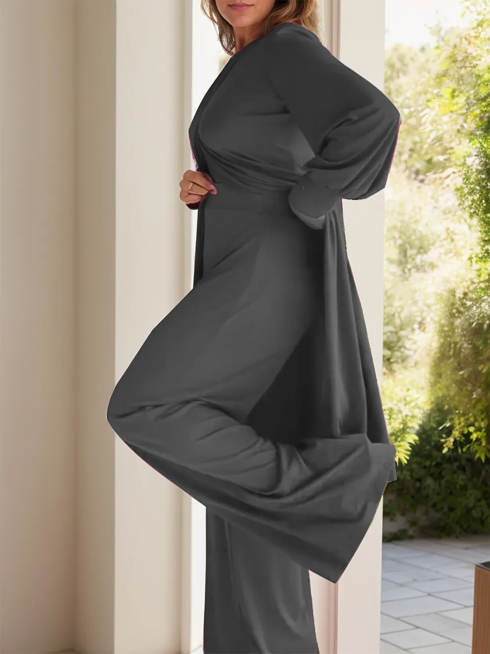 Full Size Slit Round Neck Long Sleeve Top and Pants Set, image 12