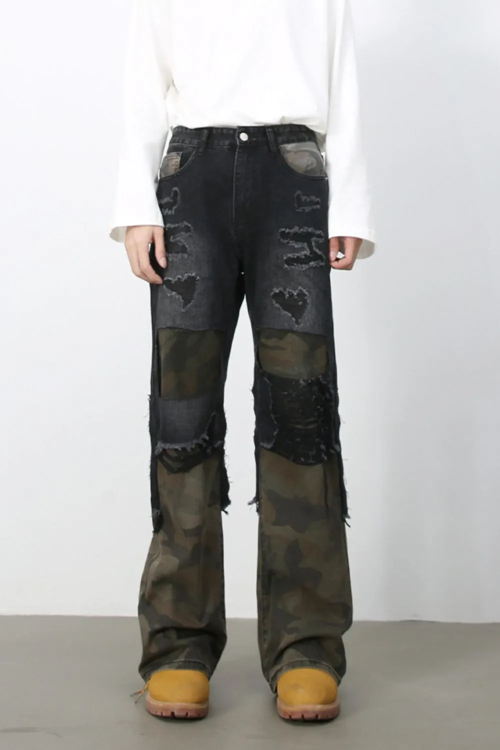 Men's Frayed Hem Camouflage Jeans