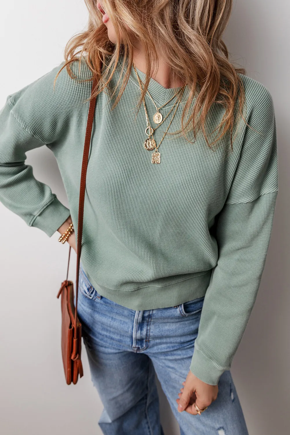 Waffle-Knit Long Sleeve Dropped Shoulder Top, image 7