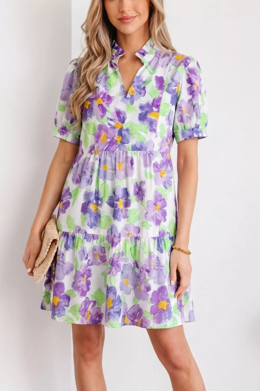 Floral V Collar Short Sleeve Tiered Ruffle Mini Dress, image 4
