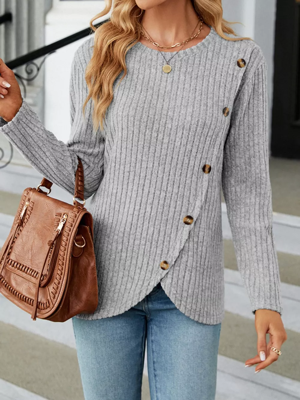 Ribbed Knit Decor Button T-Shirt, image 8