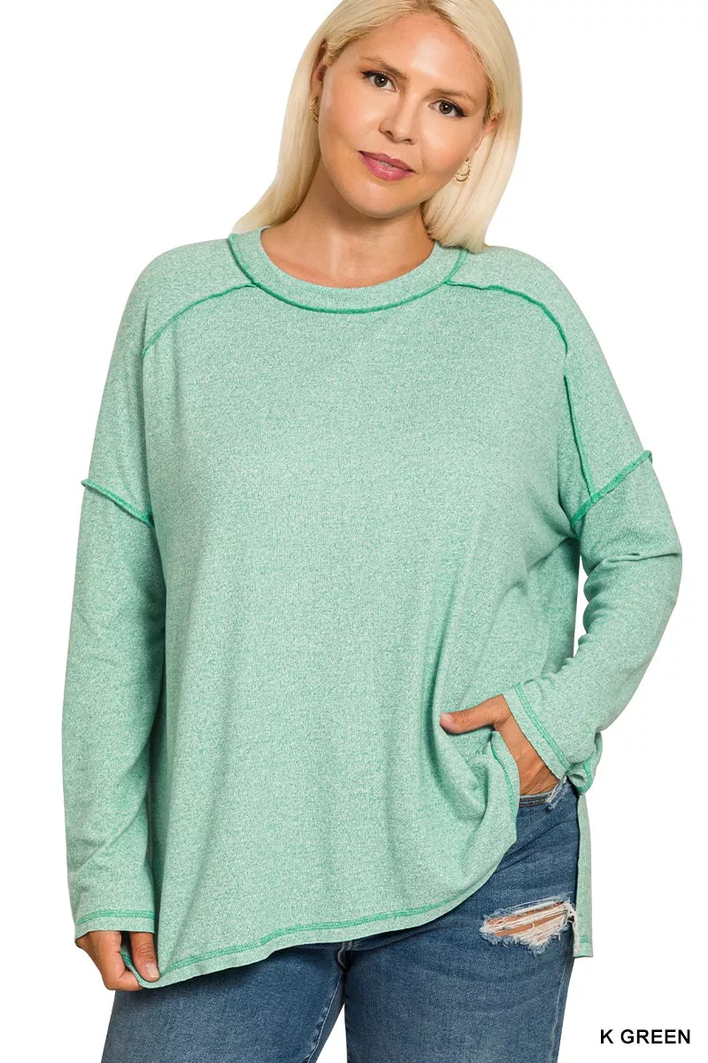 Full Size Melange Hacci Exposed Seam Hi-low Tee Plus Size, image 2