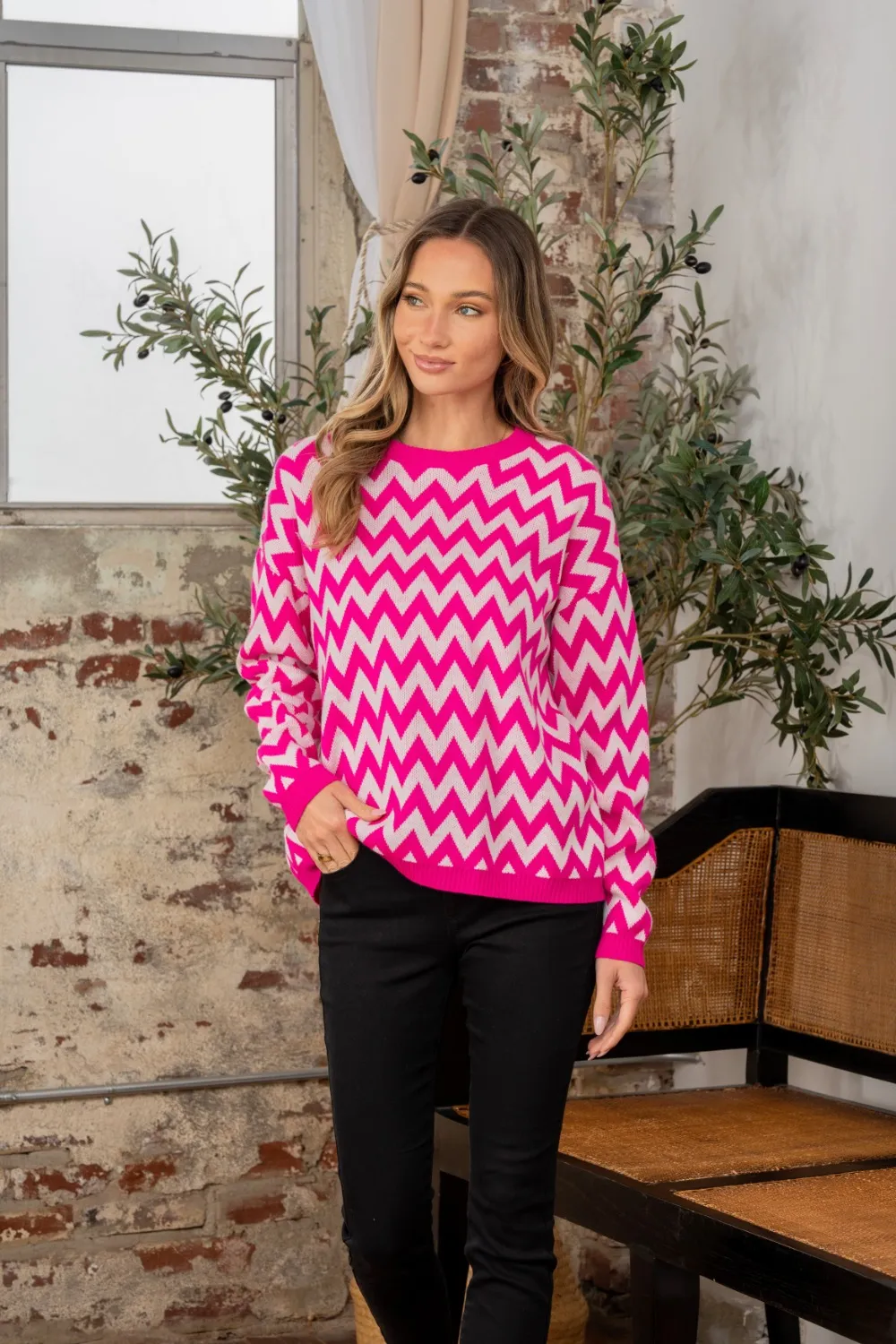 Full Size Wave Stripe Contrast Long Sleeve Sweater
