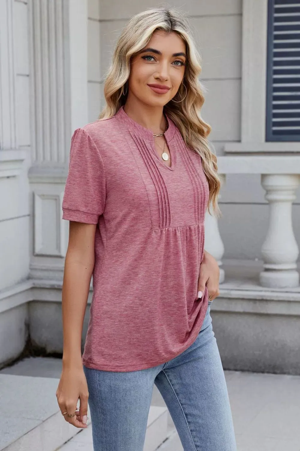 Notched Short Sleeve Solid Color Top, image 5