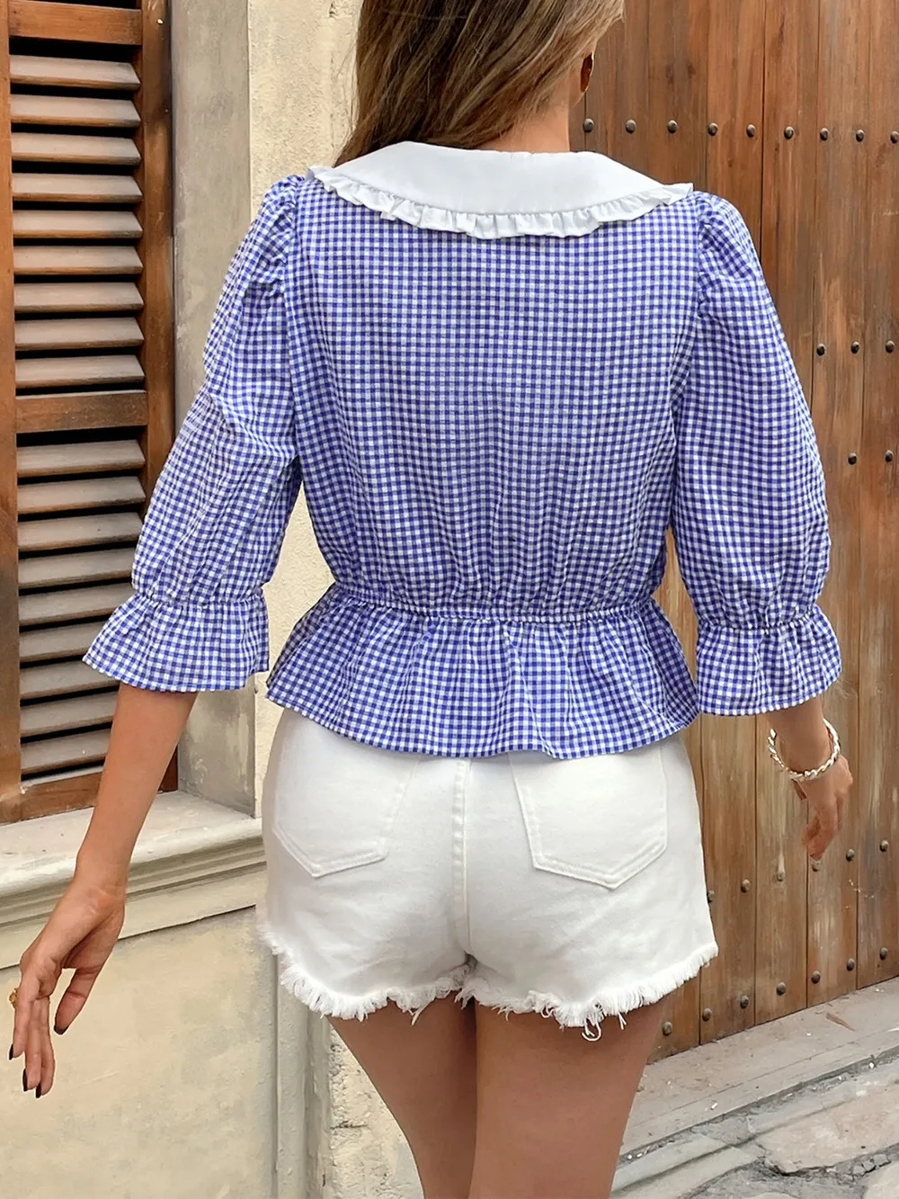 Tie Front Plaid Flounce Sleeve Blouse, image 5