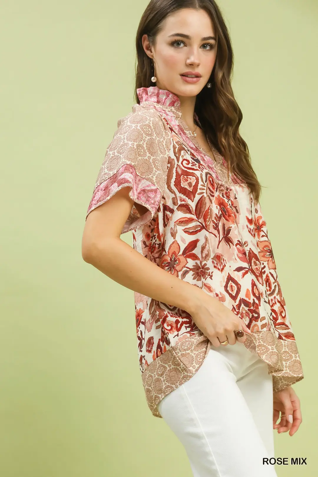 Mixed Print V-Neck Short Sleeve Top, image 2