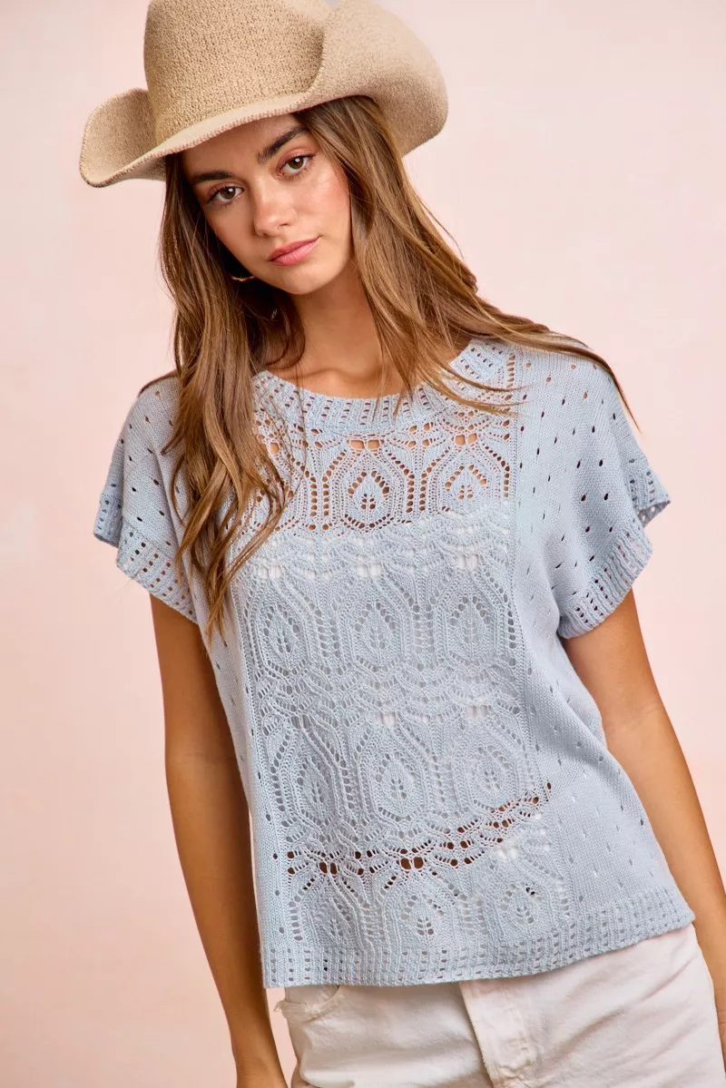 Washed Eyelet Short Sleeve Breathable Knit Top, image 9