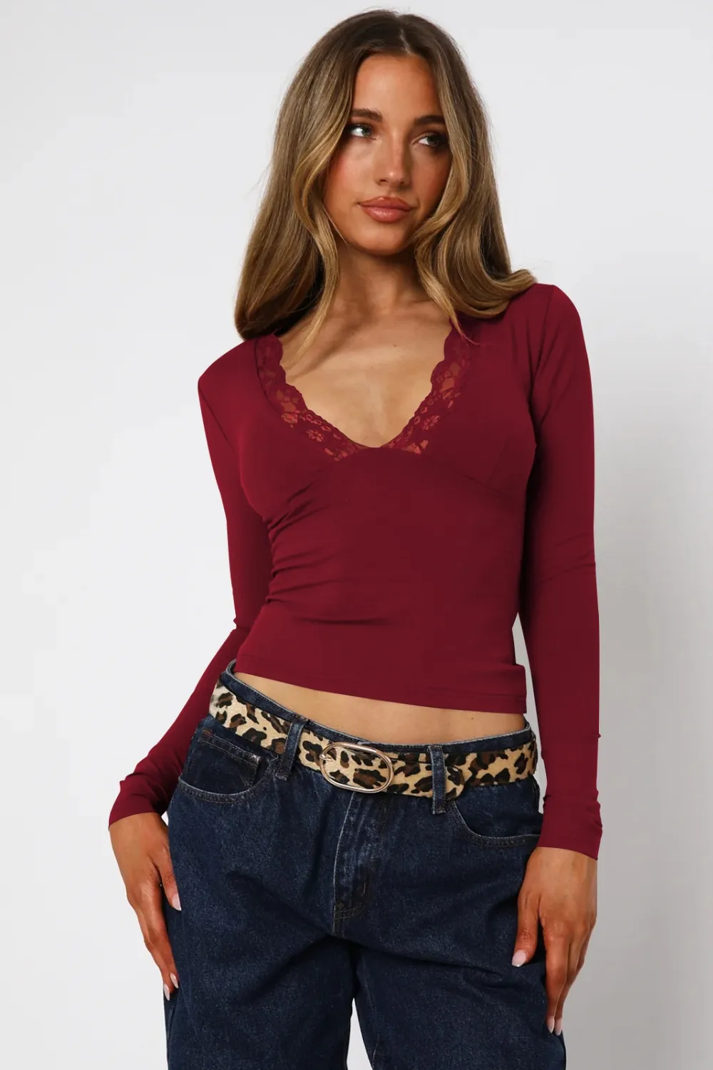 Lace Detail V-Neck Long Sleeve T-Shirt, image 2