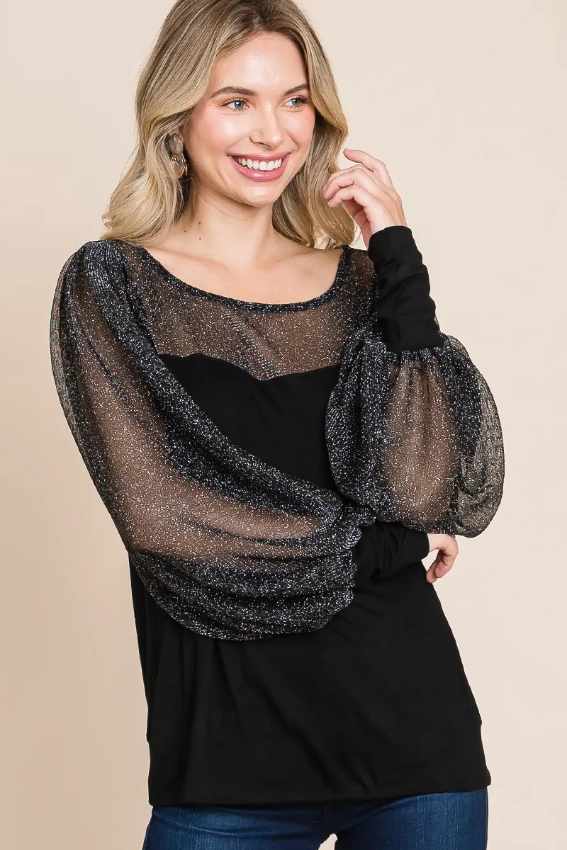 Full Size Metallic Mesh Lantern Sleeve Blouse, image 3