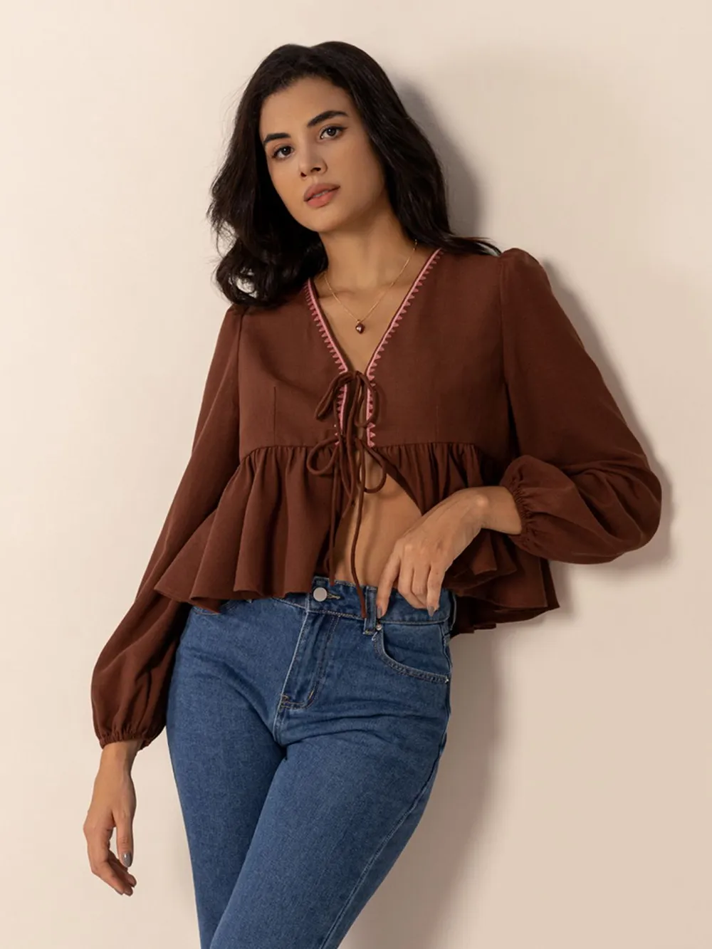 Peplum Tied V-Neck Long Sleeve Blouse, image 7