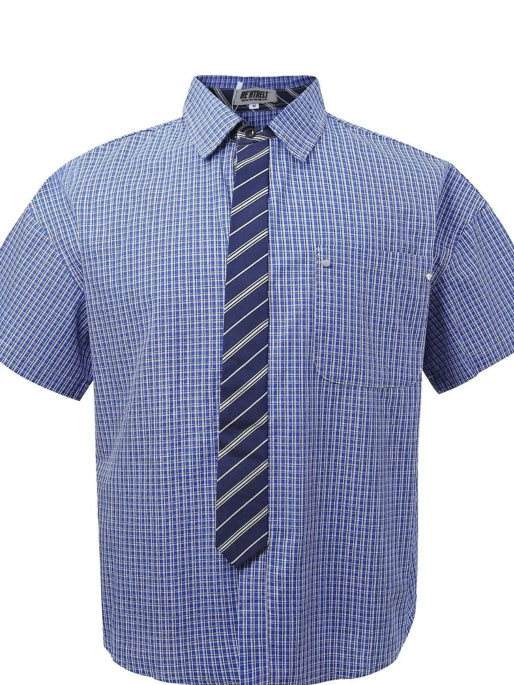 Men's Plaid Short Sleeve Shirt with Striped Tie, image 2