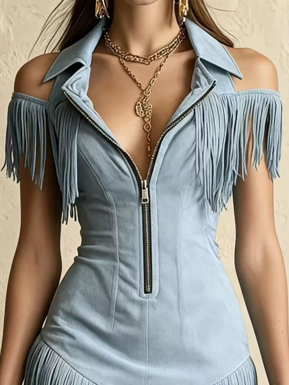 Fringed Cold Shoulder Mini Dress, image 3