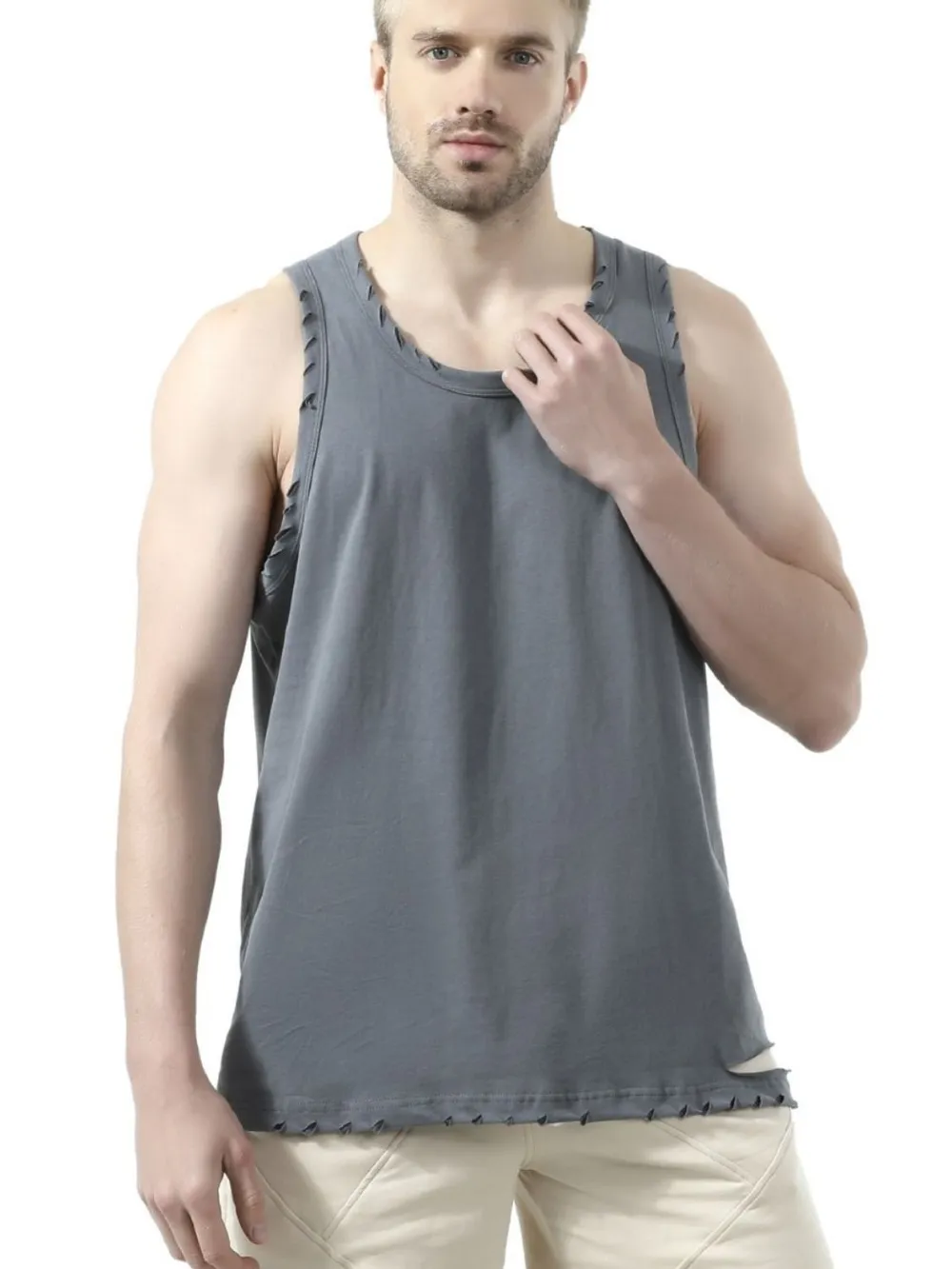 Men's Plus Size Distressed Hem Round Neck Tank