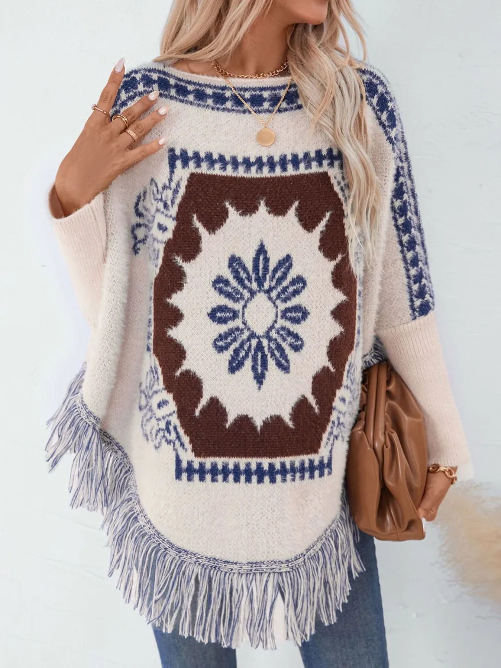 Fringe Geometric Long Sleeve Poncho, image 5