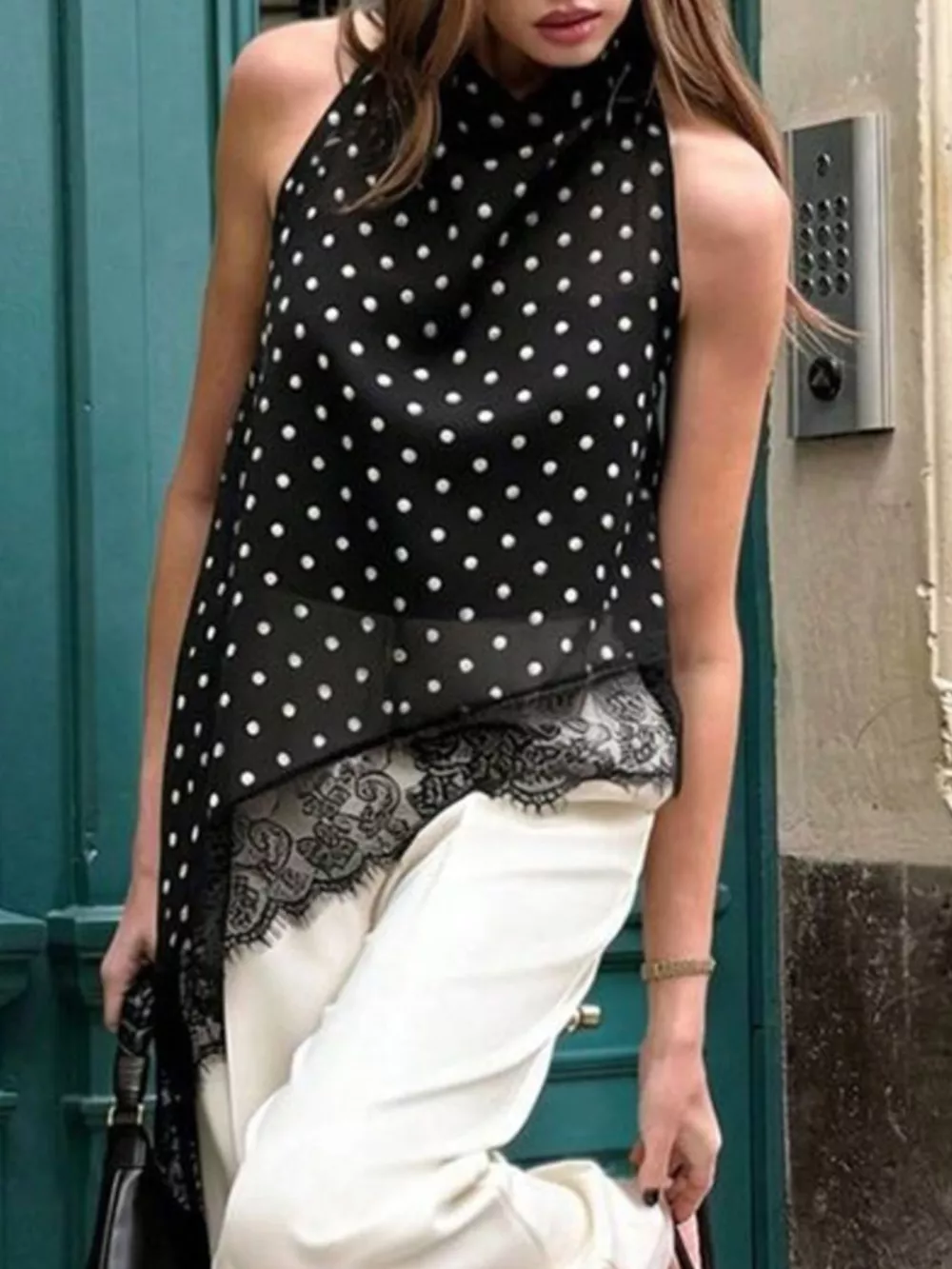 Polka Dot Lace Trim Asymmetrical Hem Sleeveless Blouse, image 2
