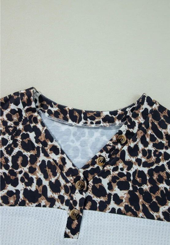 Waffle-Knit Leopard V-Neck Long Sleeve Blouse, image 7