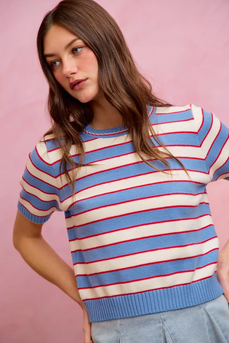Stripe Knit Crew Neck Short Sleeves Sweater Top, image 16