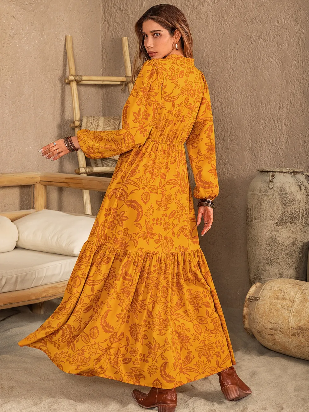Printed Notched Balloon Sleeve Dress, image 6