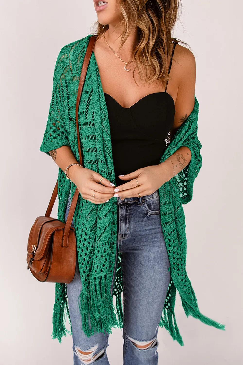 Openwork Open Front Cardigan with Fringes, image 24